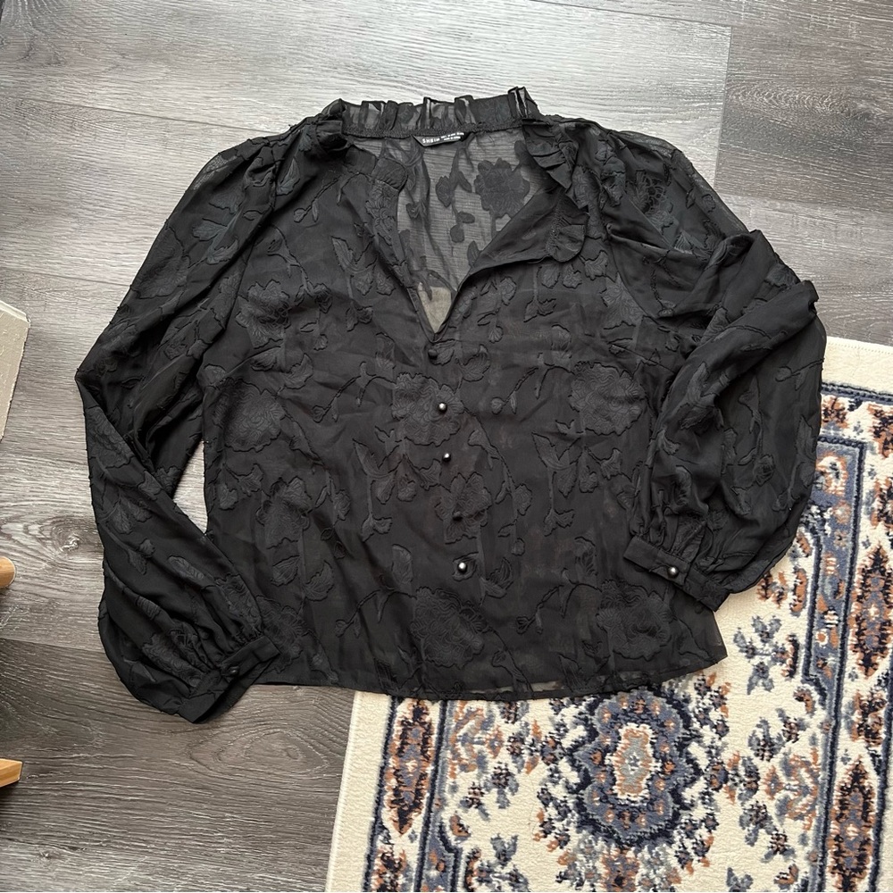 Sheer Lace Floral Black Button Down Blouse Sz M